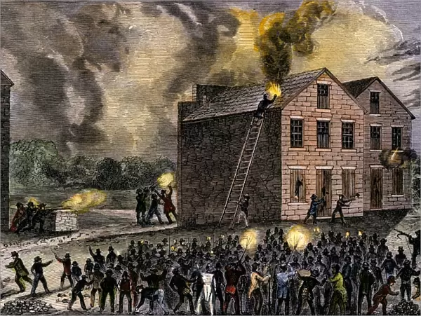 Mob burning abolitionist Elijah Lovejoys print-shop, Illinois, 1835