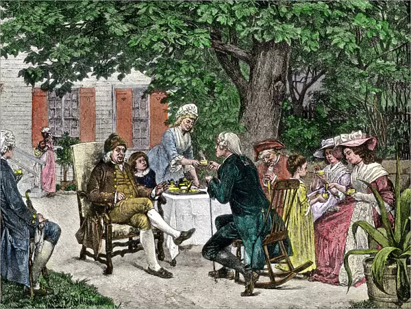 Franklin, Hamilton, and other delegates discussing the Constitution