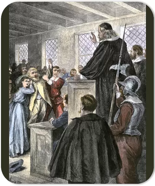 Colonial courtroom in Puritan Massachusetts, 1600s