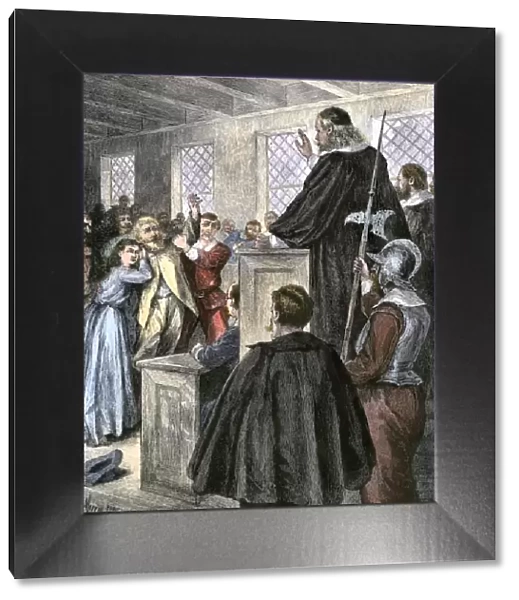 Colonial courtroom in Puritan Massachusetts, 1600s