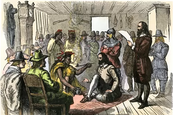 Chief Massasoit pledges friendship with Plymouth Pilgrims