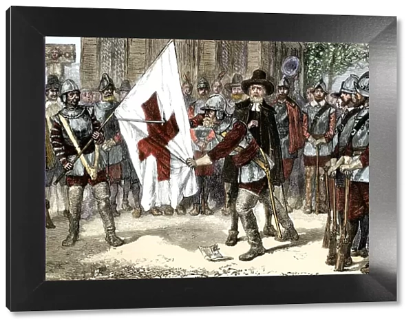 Massachusetts Puritans removing the cross from the English flag