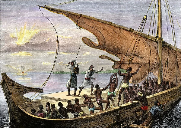 Slave-ship hoisting sail, 1800s