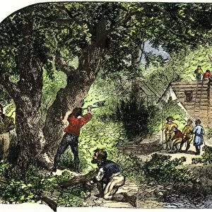 Jamestown colonists building homes, 1607