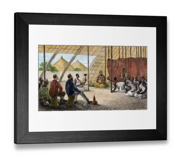 Framed Print : Queen of Uganda receiving British explorers Speke and Grant Framed Print : Queen of Uganda receiving British explorers Speke and Grant