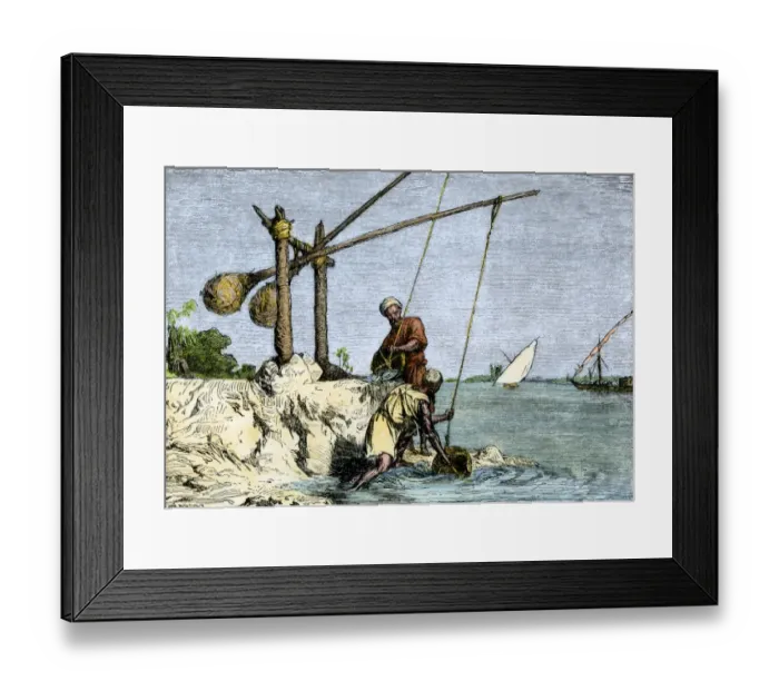 Framed Print : Egyptians drawing Nile water with a shadoof Framed Print : Egyptians drawing Nile water with a shadoof