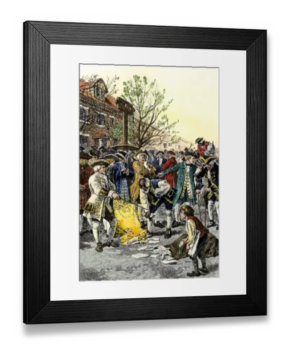 Framed Print : Stamp Act protestors burning stamps in New York City before the American