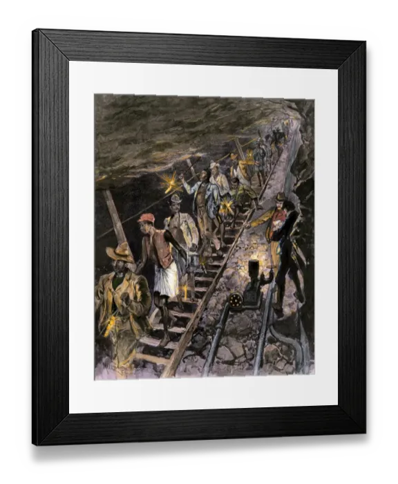 Framed Print : Native workers descending into a diamond mine near Johannesburg Framed Print : Native workers descending into a diamond mine near Johannesburg