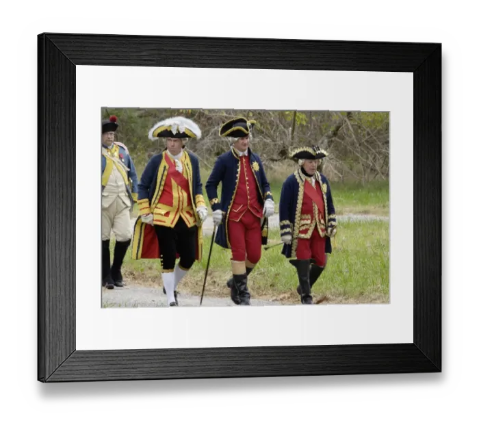 Framed Print : Rochambeau and other French officer reenactors march to the surrender ceremony Framed Print : Rochambeau and other French officer reenactors march to the surrender ceremony