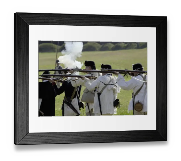 Framed Print : Continental Army reenactors firing their muskets at Yorktown battlefield Framed Print : Continental Army reenactors firing their muskets at Yorktown battlefield