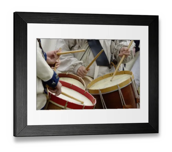 Framed Print : French army drummers at a reenactment of the surrender at Yorktown battlefield Framed Print : French army drummers at a reenactment of the surrender at Yorktown battlefield