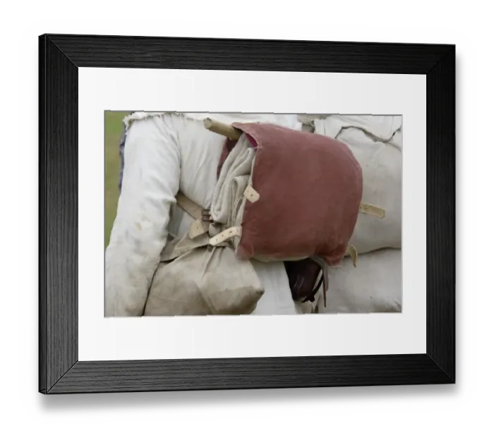 Framed Print : Knapsack of a French soldier reenactor at the Yorktown battlefield Framed Print : Knapsack of a French soldier reenactor at the Yorktown battlefield
