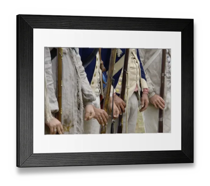 Framed Print : American soldiers reenact a muster at the surrender at Yorktown