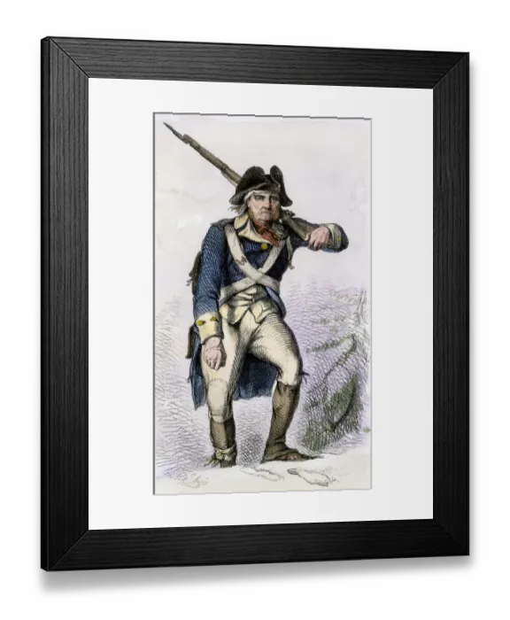 Framed Print : Continental soldier in shabby clothing in the snow at Valley Forge winter camp Framed Print : Continental soldier in shabby clothing in the snow at Valley Forge winter camp