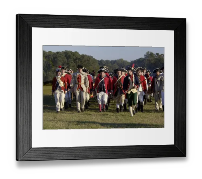 Framed Print : British troops marching in a reenactment on the Yorktown battlefield Framed Print : British troops marching in a reenactment on the Yorktown battlefield