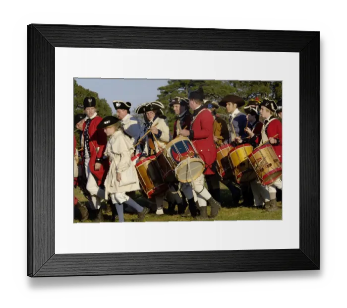 Framed Print : British fife and drum corps marching in a reenactment at Yorktown battlefield Framed Print : British fife and drum corps marching in a reenactment at Yorktown battlefield