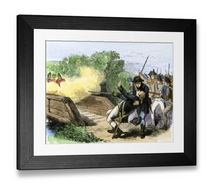 Framed Print : Minuteman Isaac Davis killed holding British redcoats at the North Bridge Framed Print : Minuteman Isaac Davis killed holding British redcoats at the North Bridge