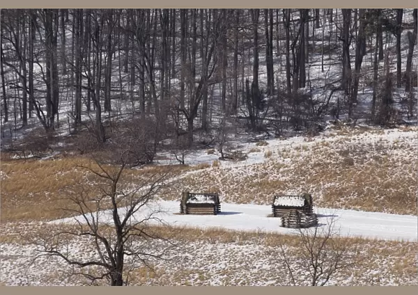 Valley Forge cabins in the snow
