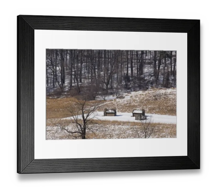 Framed Print : Valley Forge cabins in the snow
