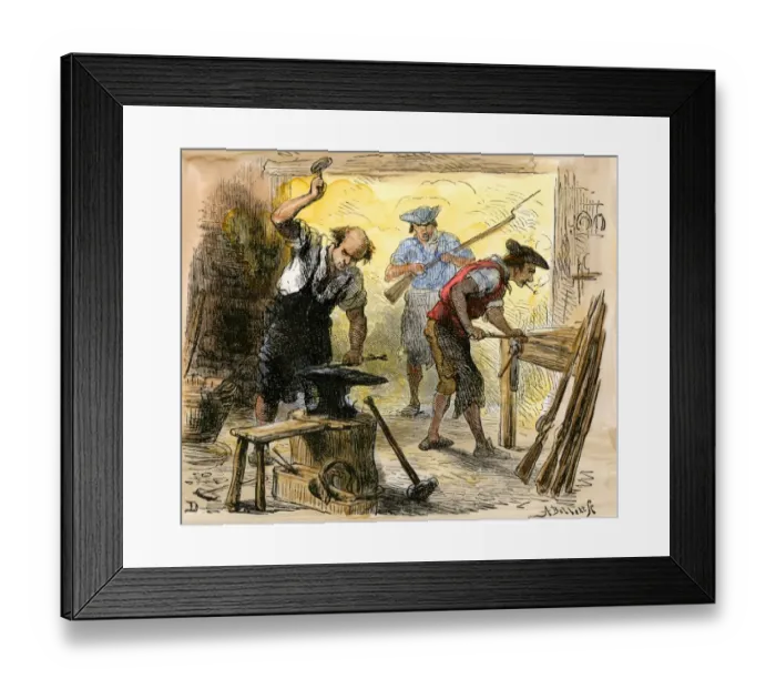 Framed Print : Gunsmiths forging muskets for the Minutemen before the American Revolution Framed Print : Gunsmiths forging muskets for the Minutemen before the American Revolution