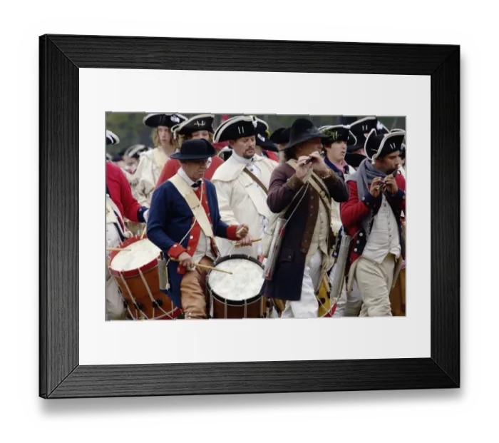 Framed Print : British fife and drum corps takes the field in a reenactment of the surrender Framed Print : British fife and drum corps takes the field in a reenactment of the surrender