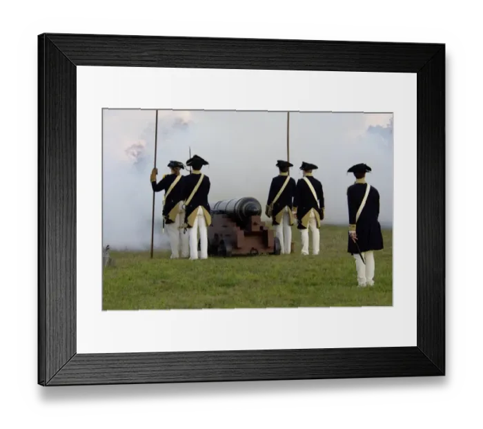 Framed Print : Continental Army reenactors firing a cannon at Yorktown battlefield Framed Print : Continental Army reenactors firing a cannon at Yorktown battlefield
