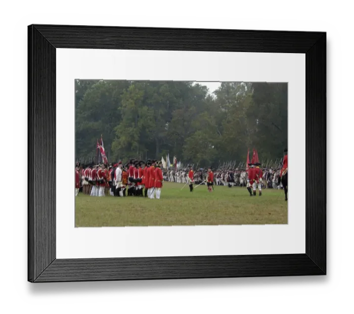 Framed Print : American, French, and British armies on the field in a reenactment of the surrender at Yorktown Battlefield