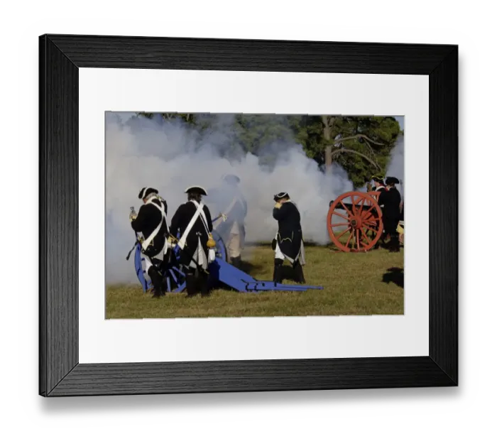 Framed Print : Artillery demonstration, Revolutionary War reenactment at Yorktown battlefield Framed Print : Artillery demonstration, Revolutionary War reenactment at Yorktown battlefield