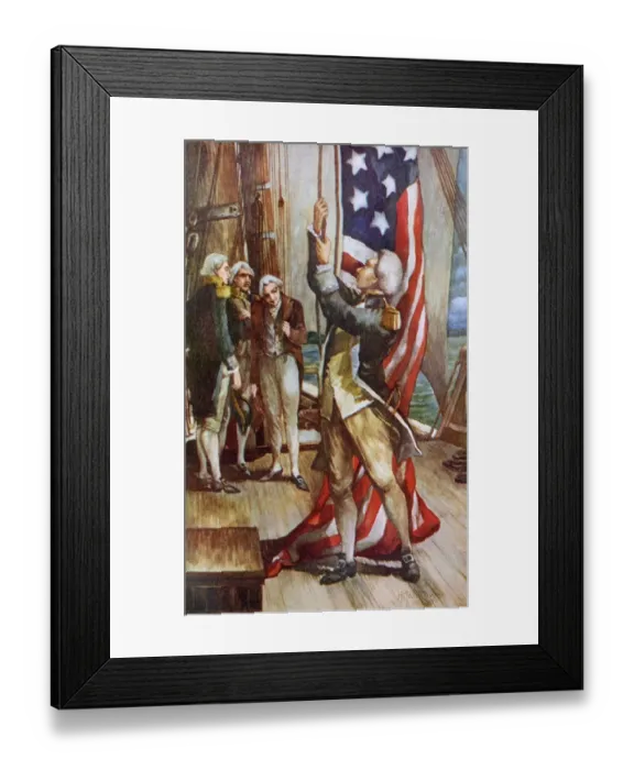Framed Print : John Paul Jones raising the US flag on an American warship for the first time