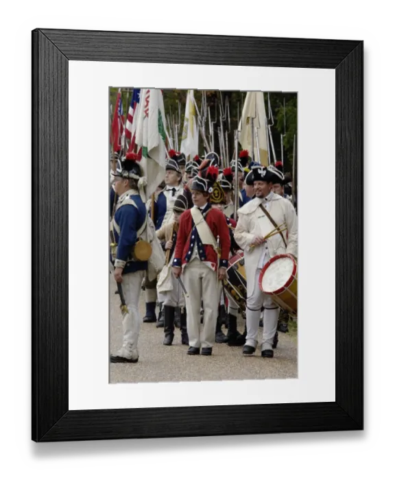 Framed Print : American army reenactors march to the surrender ceremony at Yorktown