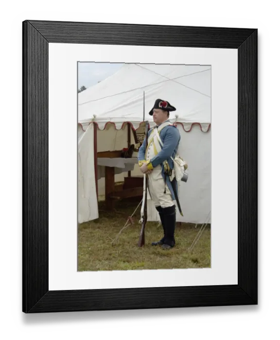 Framed Print : French soldier guarding Rochambeaus tent at a reenactment on the Yorktown Framed Print : French soldier guarding Rochambeaus tent at a reenactment on the Yorktown