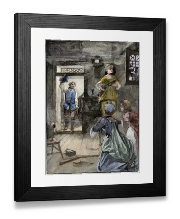 Framed Print : Colonial women defending their home as a Minuteman leaves for battle of Framed Print : Colonial women defending their home as a Minuteman leaves for battle of