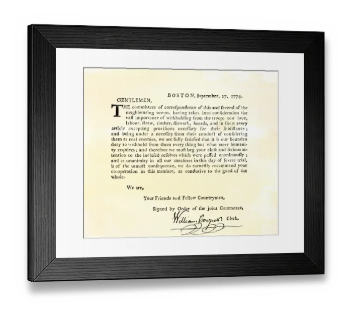 Framed Print : Letter from Bostons Committee of Correspondence urging supplies be withheld Framed Print : Letter from Bostons Committee of Correspondence urging supplies be withheld