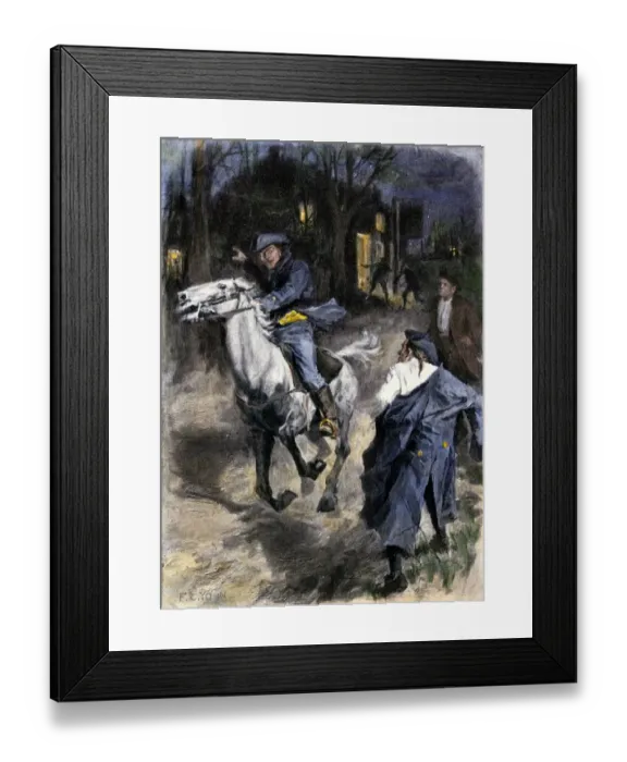 Framed Print : Paul Revere alerting inhabitants along the road to Lexington