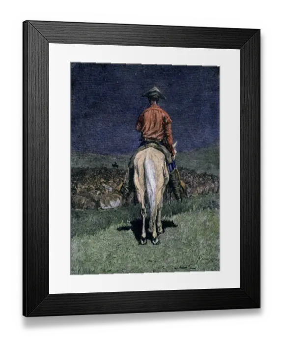 Framed Print : Cowboy watching over a cattle herd at night Framed Print : Cowboy watching over a cattle herd at night