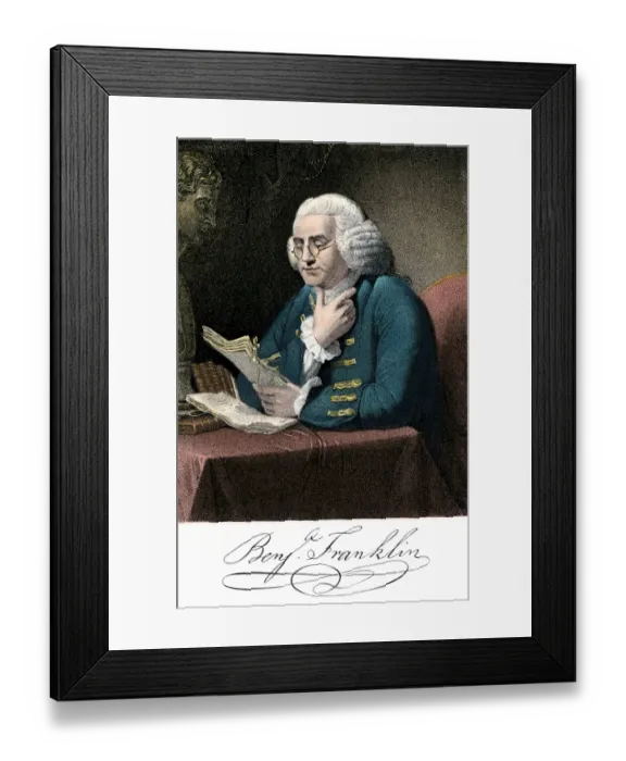 Framed Print : Benjamin Franklin at his desk Framed Print : Benjamin Franklin at his desk