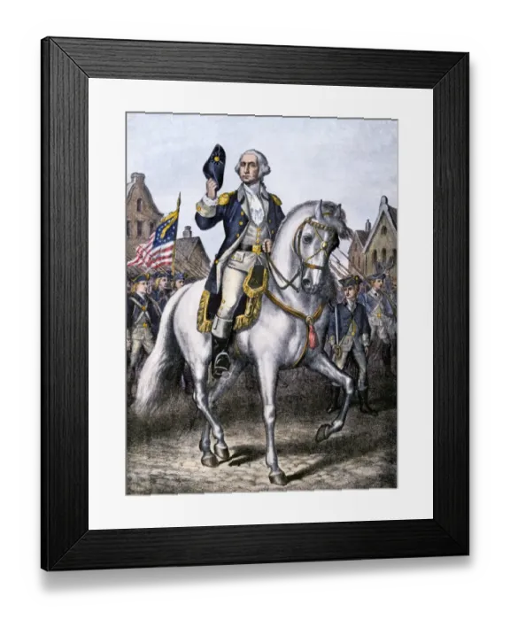 Framed Print : General George Washington leading troops on parade in New York City Framed Print : General George Washington leading troops on parade in New York City