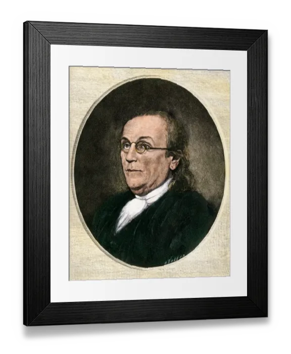 Framed Print : Benjamin Franklin wearing eyeglasses Framed Print : Benjamin Franklin wearing eyeglasses