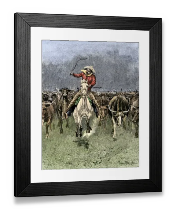 Framed Print : Cowboy and his horse caught in a cattle stampede