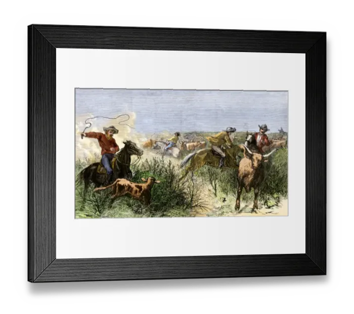 Framed Print : Cowboys cutting out cattle to drive a herd from Texas to Kansas Framed Print : Cowboys cutting out cattle to drive a herd from Texas to Kansas