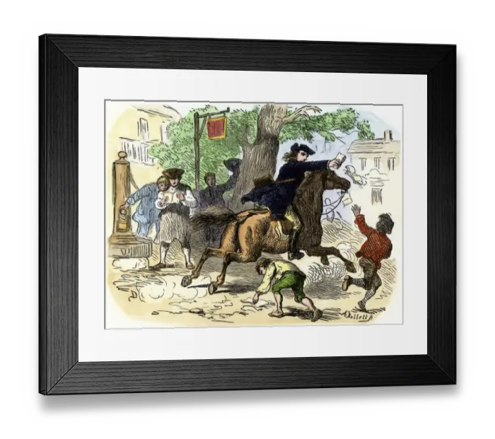 Framed Print : Paul Revere delivering handbills in a New England village for the Sons of Framed Print : Paul Revere delivering handbills in a New England village for the Sons of