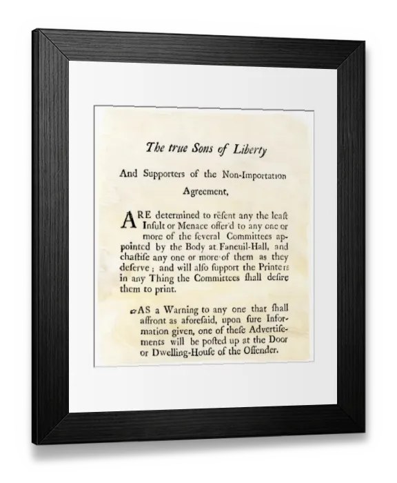 Framed Print : Sons of Liberty handbill supporting boycott of British goods in Boston before