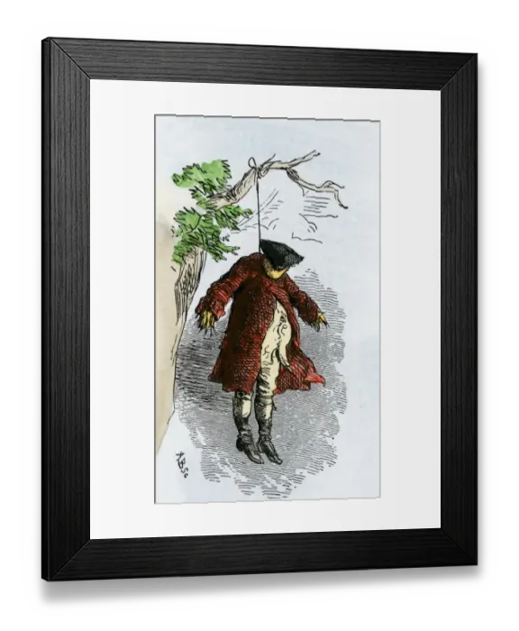 Framed Print : Effigy of a Stamp Act official hung by protesting colonials Framed Print : Effigy of a Stamp Act official hung by protesting colonials