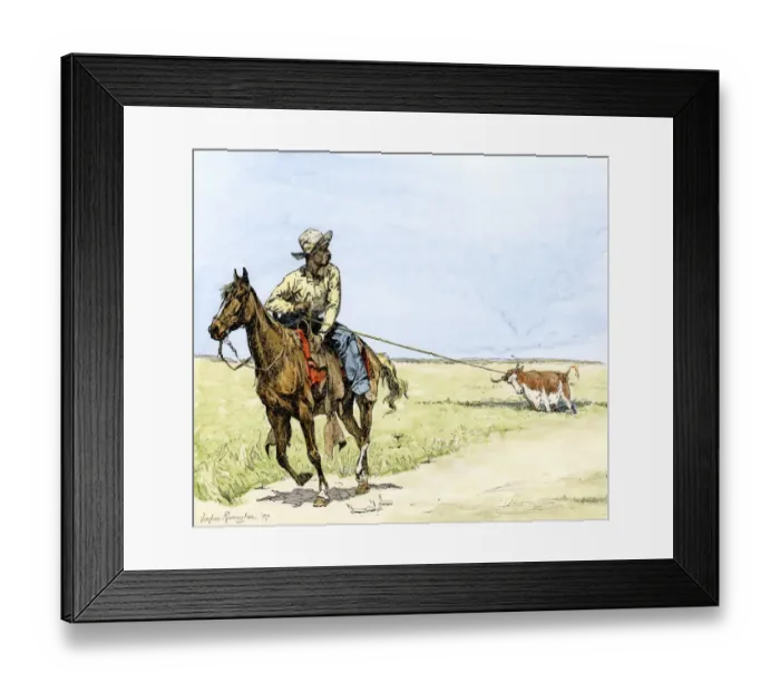 Framed Print : African-American cowboy pulling a longhorn out of the mud