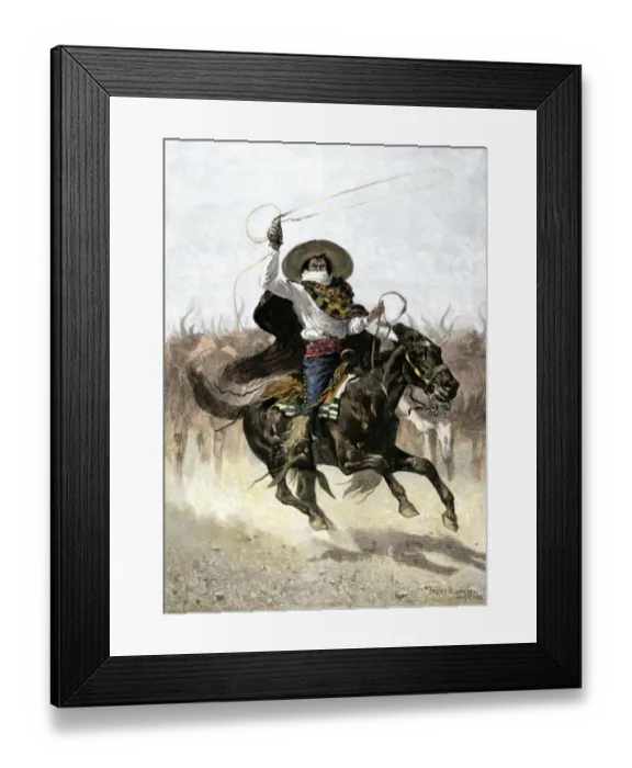 Framed Print : California vaquero galloping to lasso a steer