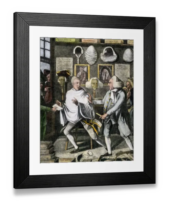Framed Print : Patriot barber shaving British heads in New York City Framed Print : Patriot barber shaving British heads in New York City