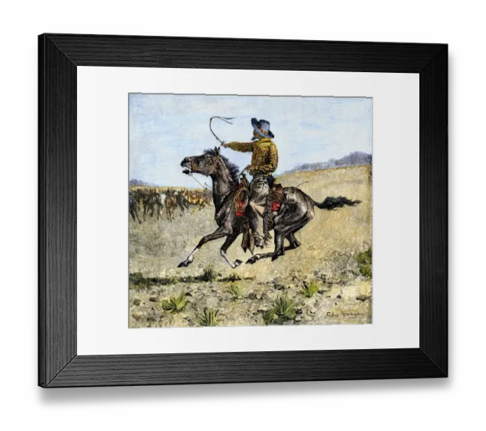 Framed Print : Cowhand rounding up cattle mixed in with the horse herd Framed Print : Cowhand rounding up cattle mixed in with the horse herd