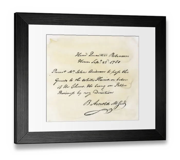 Framed Print : Benedict Arnolds signature on a pass given to British agent Major John Andre Framed Print : Benedict Arnolds signature on a pass given to British agent Major John Andre
