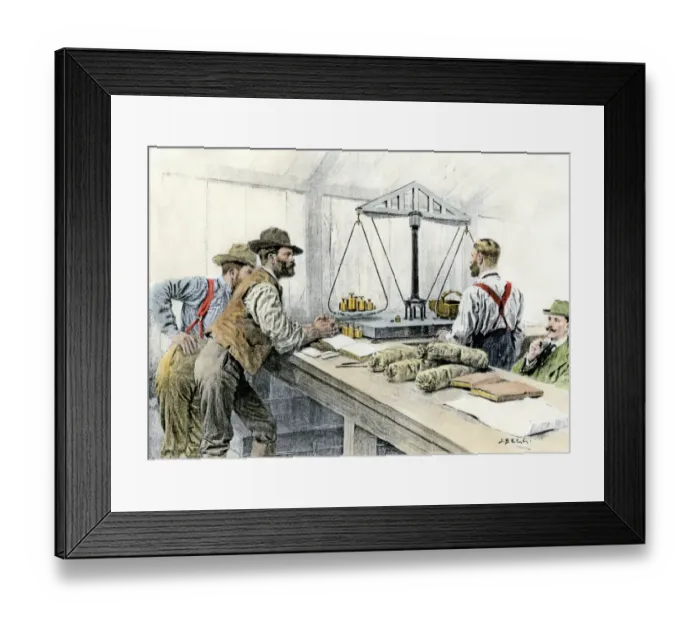 Framed Print : Klondike miners weighing their gold in a Dawson City bank Framed Print : Klondike miners weighing their gold in a Dawson City bank
