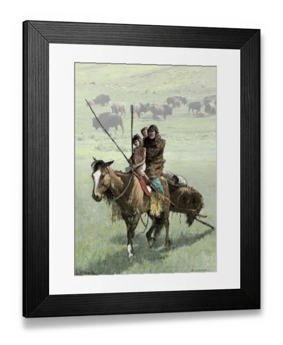 Framed Print : Native American family traveling on a travois poney on the prairie Framed Print : Native American family traveling on a travois poney on the prairie